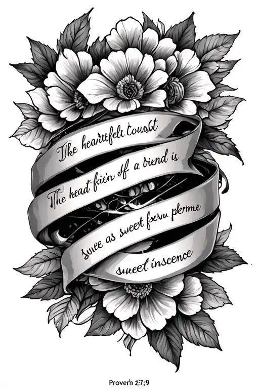 Tattoo of “Keivyn” with the verse “ Proverbs 27:9 The heartfelt counsel of a friend is a sweet as perfume and incense” tattoo design idea