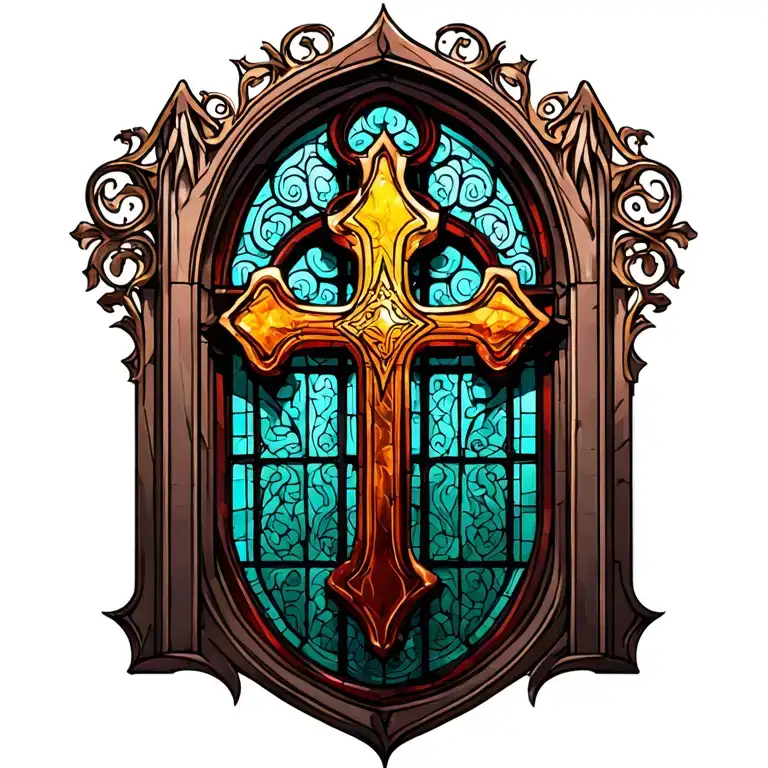 gothic cathedral stained glass window with orthodox cross tattoo design idea