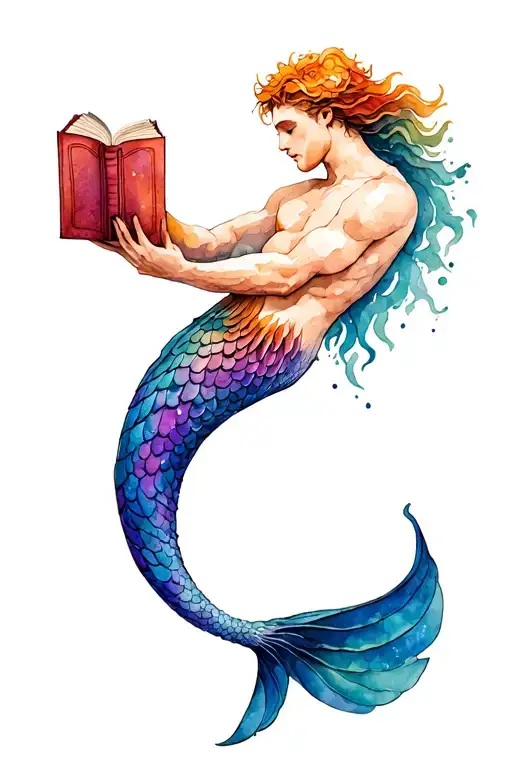 merman holding a book tattoo design idea