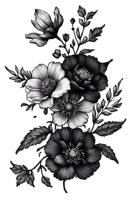 dainty spine tattoo with the birth flowers, 3 june, 1 october, 1 august, 1 february, 1 December, 1 september,  tattoo design idea