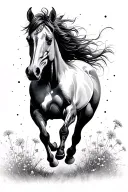 wild horse running, wild flowers, lightening sky tattoo design idea