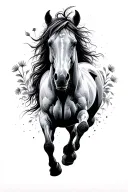 wild horse running, wild flowers, lightening sky tattoo design idea