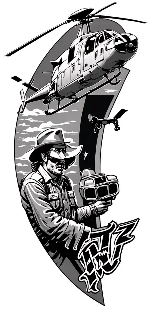 I want a western theme with triniz name integrated but small and half with a navy helicopter performing search and rescu tattoo design idea