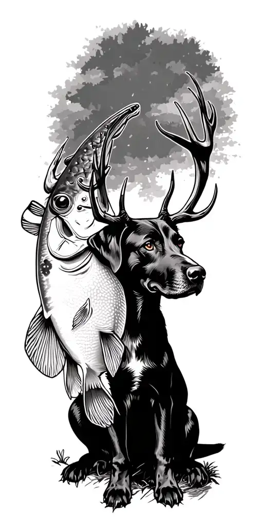 deer hunting scene, bass fishing scene, black lab sitting near tattoo design idea
