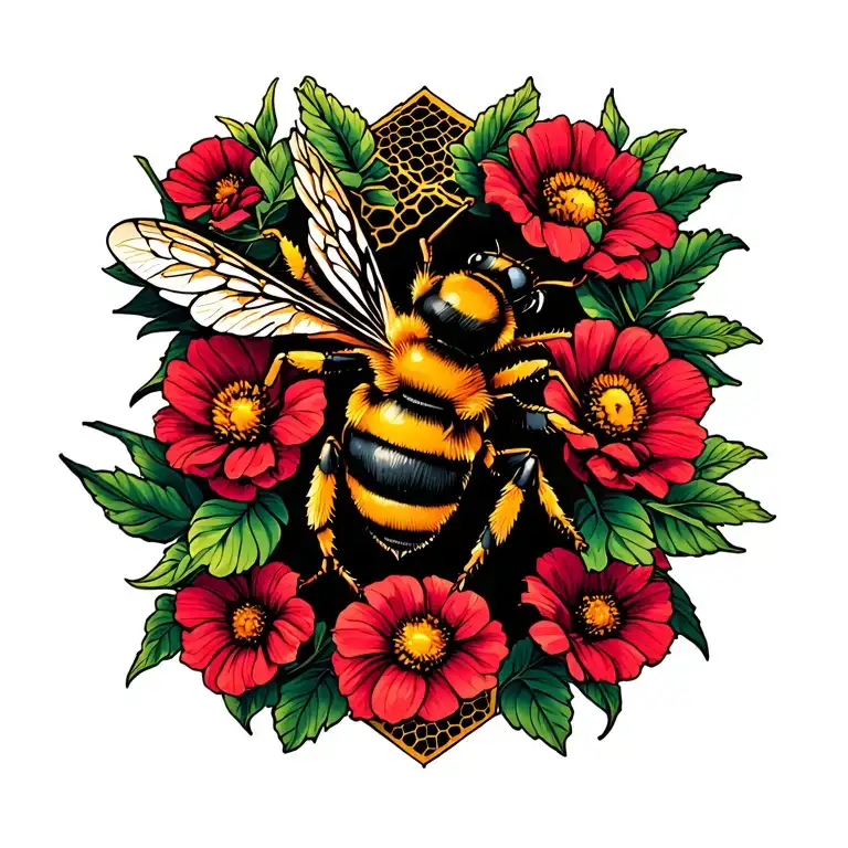 bees, flowers and honeycomb  inspired tattoo design idea