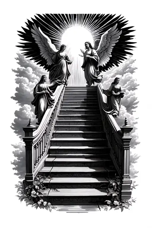 stairway to heaven walking up stairs angels sun rays clouds heaven gate at the top of the stairs  tattoo design idea