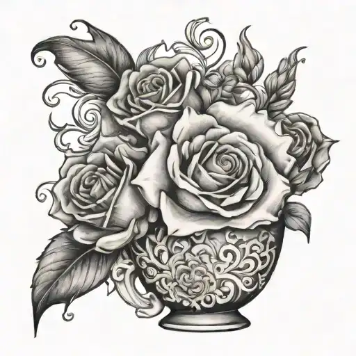Stencil pencil design of Rose, sweet pea, chrysanthemum, daffodil in a cappuccino cup tattoo design idea