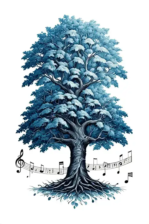 A dotwork tattoo design of a family tree with musical notes as leaves, representing the client's strong connection to both family and music tattoo design idea