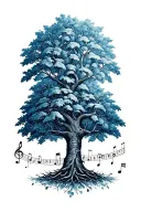 A dotwork tattoo design of a family tree with musical notes as leaves, representing the client's strong connection to both family and music tattoo design idea