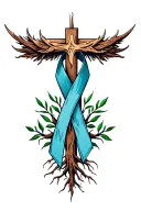 cross with roots and colon cancer ribbon  tattoo design idea