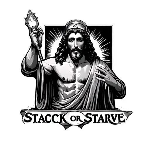 Jesus coming out a genie with the words stack or starve  tattoo design idea