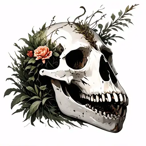 animal skull, decayed, overgrown with vegetation  tattoo design idea