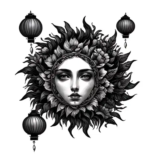 tangled sun symbol with flowers growing and lanterns floating  tattoo design idea