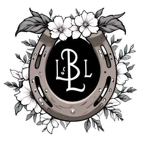 horse shoe with flowers and the letters L B L written in cursive through it tattoo design idea