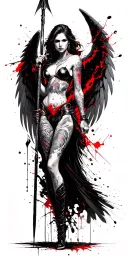 fantasy style, tattooed, female battle angel with all white wings using a spear tattoo design idea
