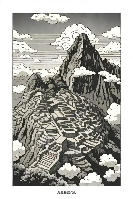 Machu Picchu at the top with clouds and rays in traditional black and gray style. Below, a cloud forest representing Cos tattoo design idea