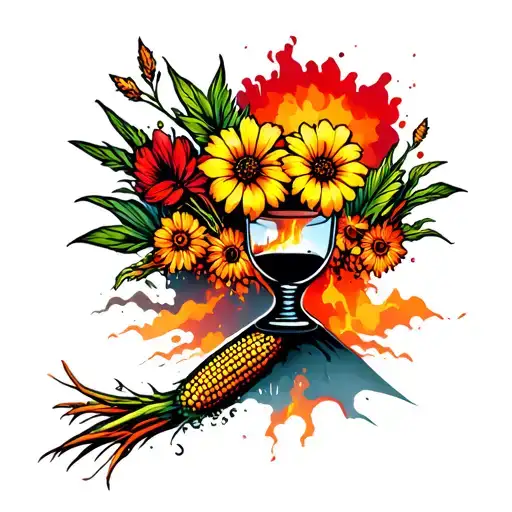 Trash Polka Slighty Abstract Erupting Hawaii Volcano and hourglass full of roots full of muscles flowers. maize vs corn  tattoo design idea