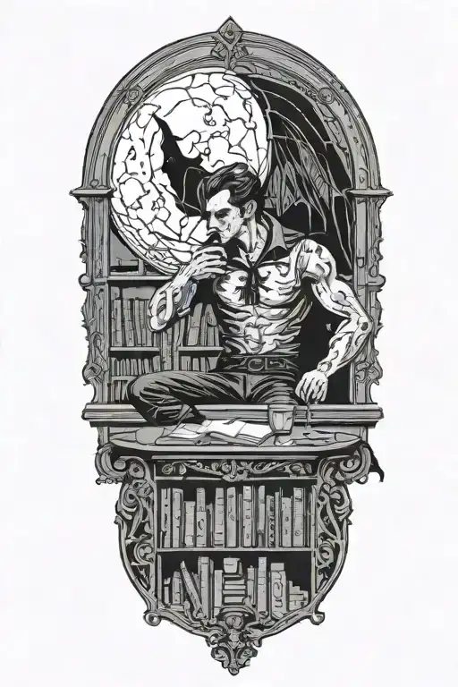 A vampire sitting in an office library. Full moon outside window. Bats  tattoo design idea