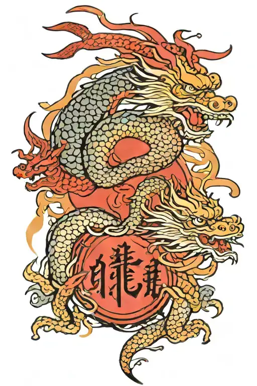 red sun with dragon in a mandarin lettering tattoo design idea