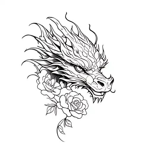 dragon head and roses  tattoo design idea
