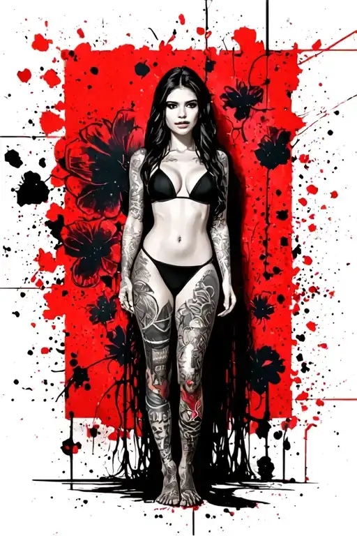 Sexy girl, petite, small boobs, wide hips, bikini . long hair,sexual. Seductive. Full Body, standing with legs and feet tattoo design idea