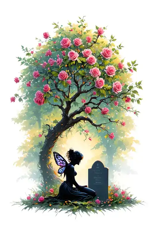 a rose tree with a fairy silhouette kneeling at a grave tattoo design idea