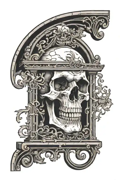 Skull at the top, a cemetery-type door, which unlocks the streets of souls, at the back door, just ahead. tattoo design idea