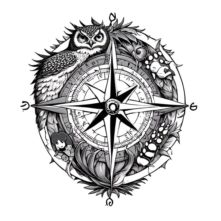 Compass rose with a owl, cat, bug, bear paw print and fox tail in or around it in gray scale tattoo design idea
