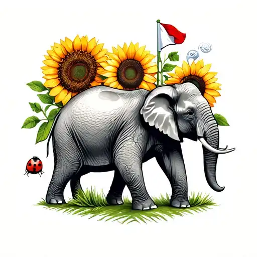 Design a simple fine line tattoo that looks like a stamp that includes an elephant, sunflower, golf flag, and ladybug  tattoo design idea
