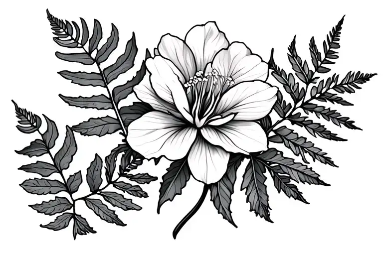 one lady fern leaf, rhododendron flower and orange blossom flower  tattoo design idea