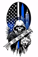 thin blue line flag, grim reaper, baltimore city skyline, wolf, cartridge casing w/scene placker, crime scene tape tattoo design idea