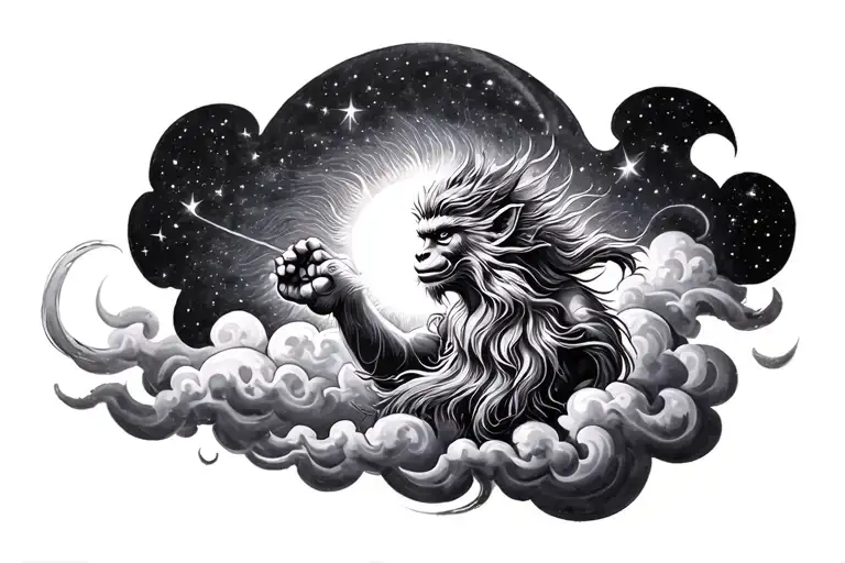 sun wukong on cloud with stars in sky tattoo design idea
