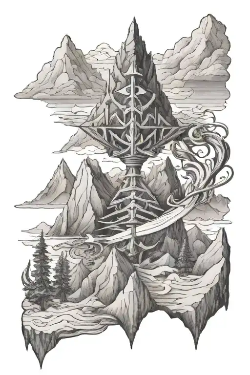 mountains and trishul trident tattoo design idea
