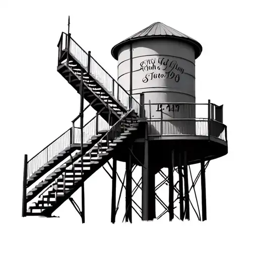 a photorealistic watertower with stairs in the foreground. The Stairs have grafities on them of birthdates.  tattoo design idea