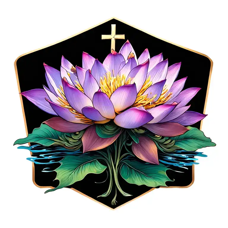lotus flowers with thigh garter bands and crosses tattoo design idea