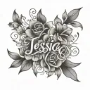name Jessica with flowers around name  tattoo design idea