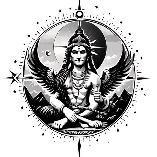 lion, Lord Shiva, phoenix wings, compass, flute, mountains, sun halo, stars, dotted lines, spiritual harmony  tattoo design idea