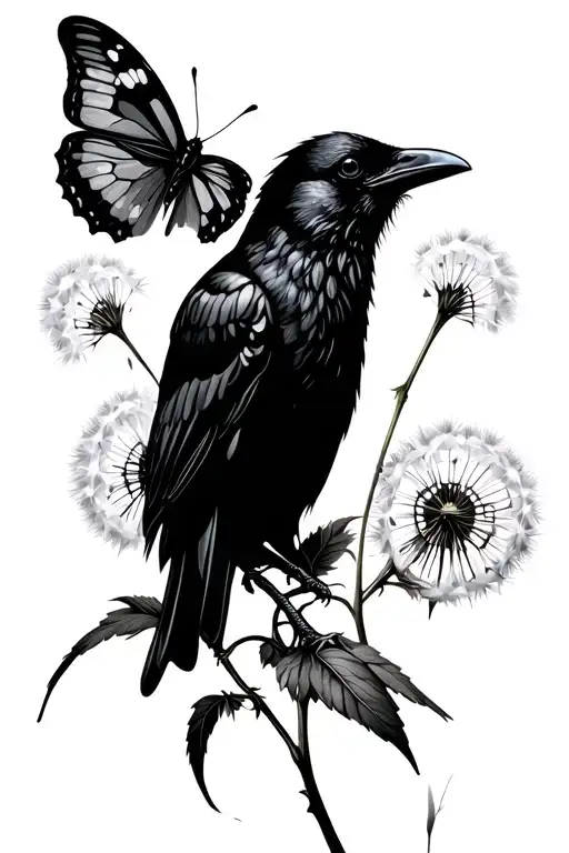 crow, butterfly, dandelion seeds tattoo design idea
