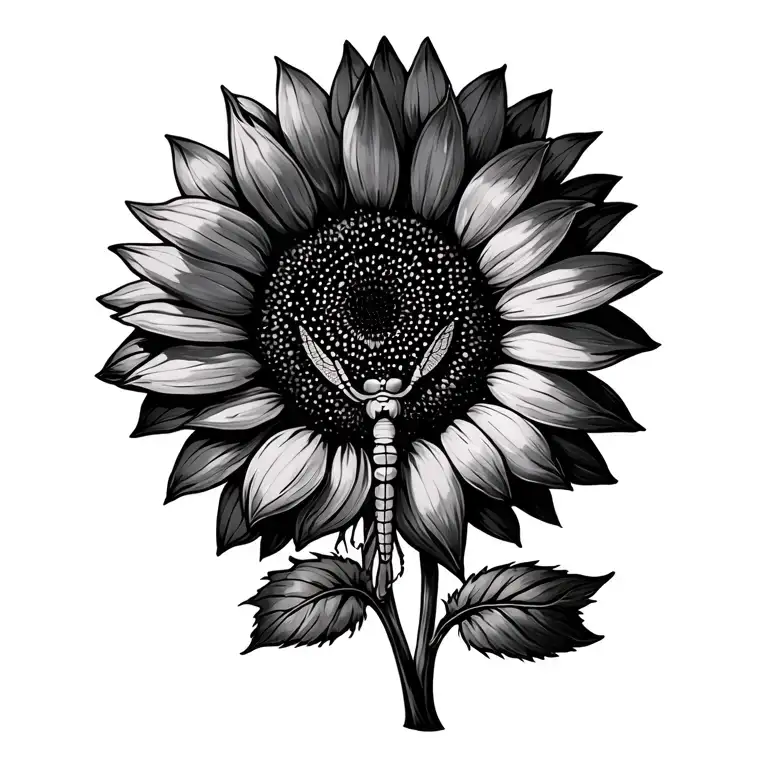 dragonfly landing on a sunflower tattoo design idea