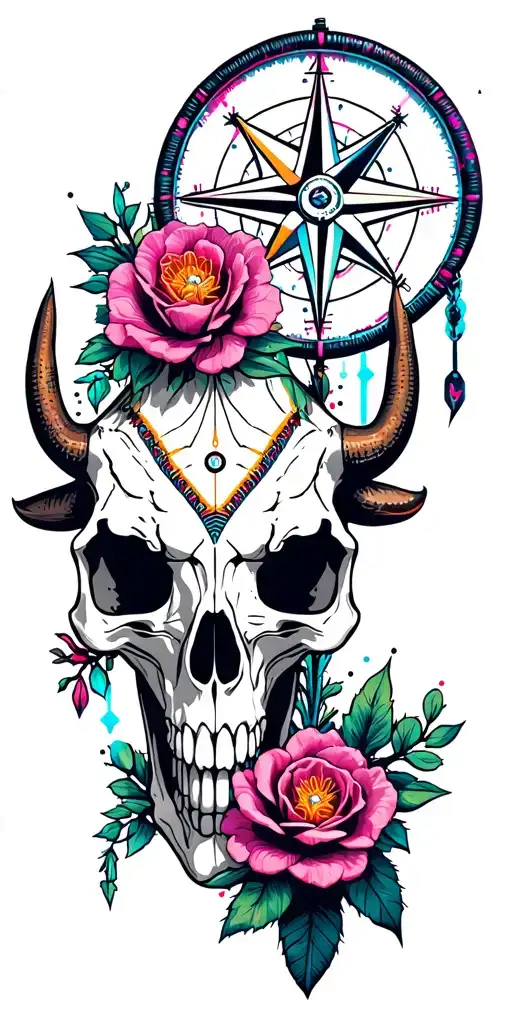 American Southwest, Sunset, Cactus, Desert Roses, Compass, Dreamcatcher, Metallic Snake, Longhorn skull, Prickly Pear tattoo design idea