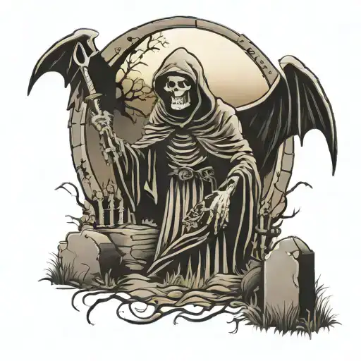 gothic grim reaper in graveyard scene with tombstones tattoo design idea