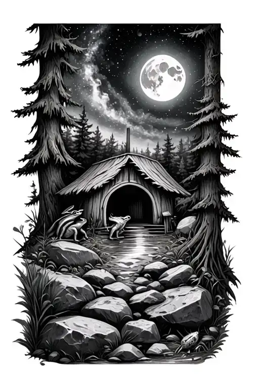 Forest scene with boulders, moon, galaxy, frog and shelter tattoo design idea