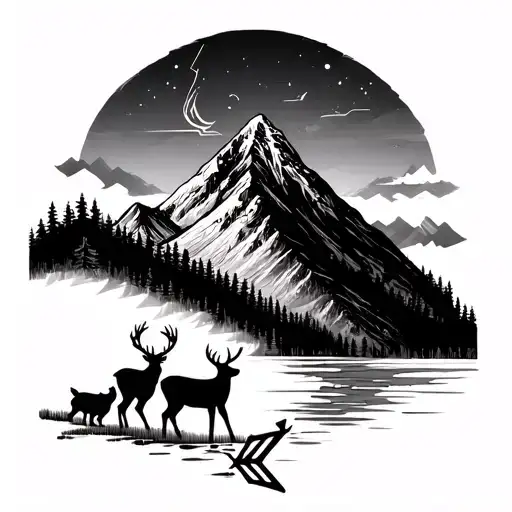 Mountain range with everything happens for a reason with deer, arrow and water tattoo design idea