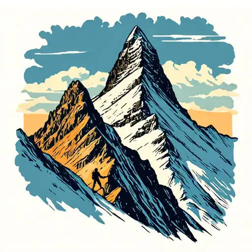A traditional tattoo of the Matterhorn mountain in Switzerland, with a silhouette of a hiker climbing to the summit, honoring the client's passion for hiking and favorite country. tattoo design idea