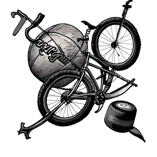 Sleeve tattoo with a rugby ball, mountain bike, bow and arrow and a curling puck tattoo design idea