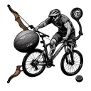 Sleeve tattoo with a rugby ball, mountain bike, bow and arrow and a curling puck tattoo design idea