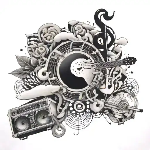 A black-grey tattoo of a music-themed collage with hidden animal shapes tattoo design idea