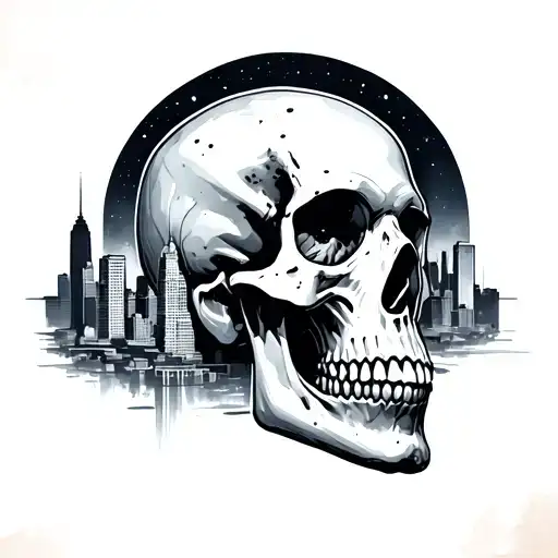 Anatomical skull, space, Chicago skyline, simple layered tattoo design idea