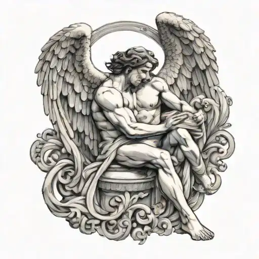 greek muscular male angel holding delicate woman sitting tattoo design idea