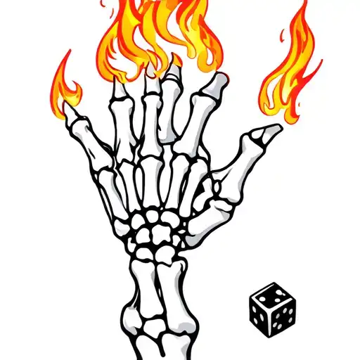 Skeleton hand, rolling dice on fire tattoo design idea